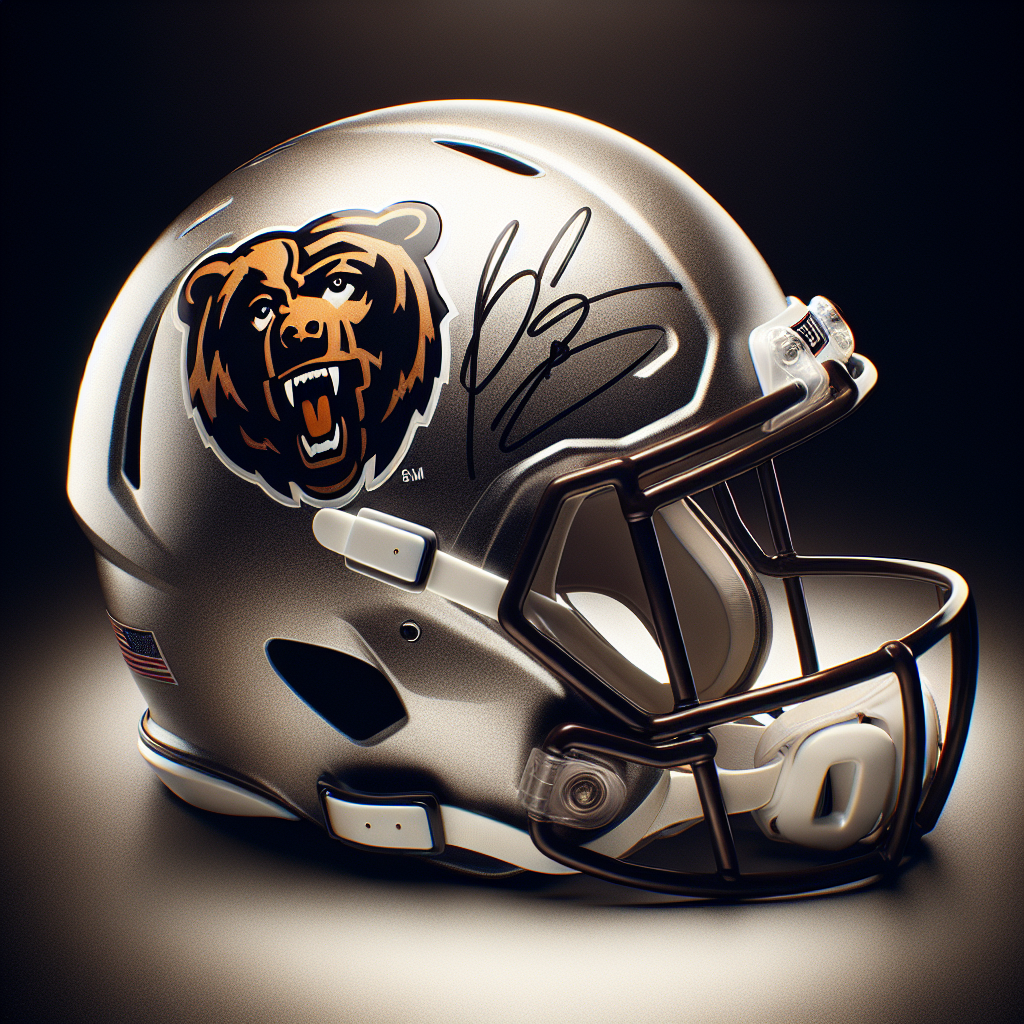 A realistic depiction of an autographed Bears helmet.