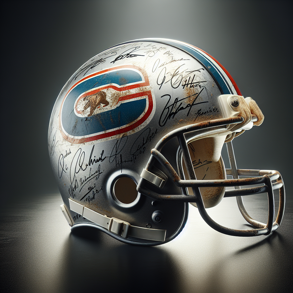 A realistic rendering of an autographed Chicago Bears football helmet.