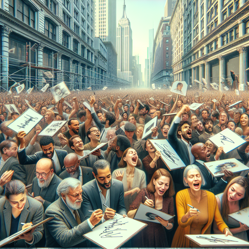 A realistic image of an autograph auction in New York City with enthusiastic bidders and iconic city architecture in the background.