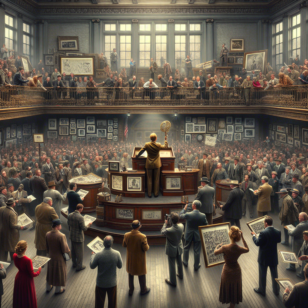 A bustling New York autograph auction scene in a realistic style.