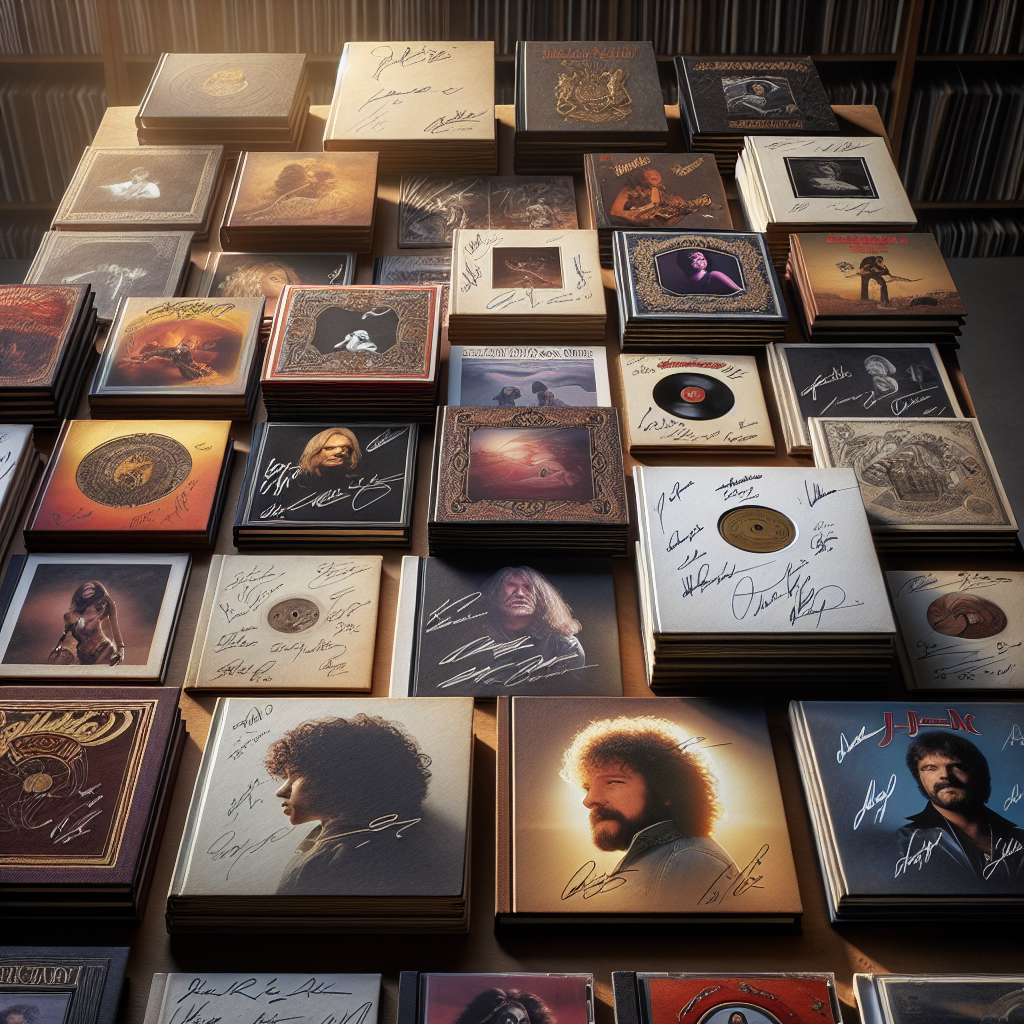 An assortment of authentic autographed albums arranged on a table in a realistic style.