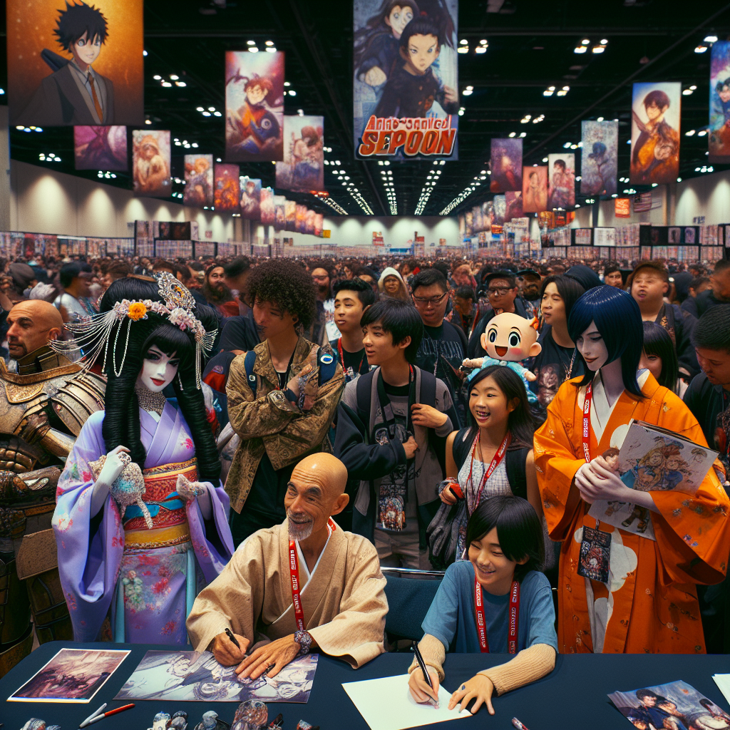 Anime expo with fans getting autographs in a realistic style.