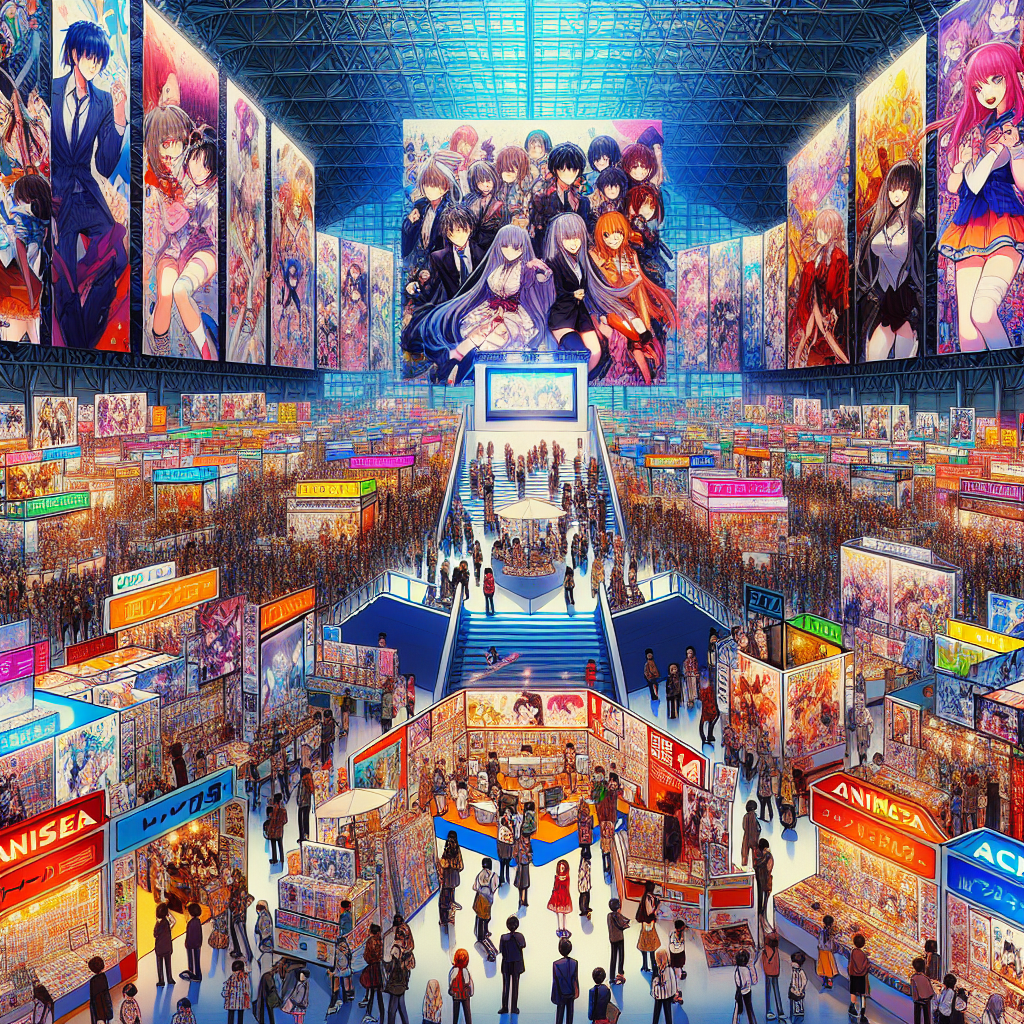 Realistic image of an anime expo autograph signing event with fans, booths, and famous anime personalities on stage.