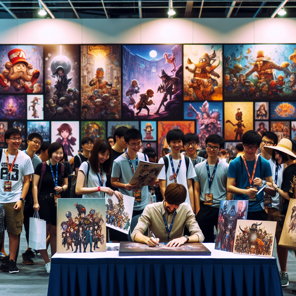 Anime expo autograph signing event with fans and artist in a realistic style.