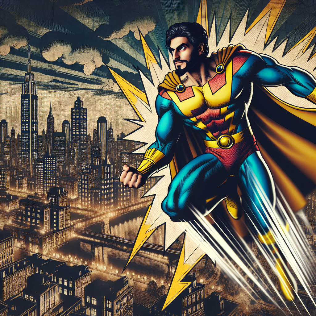 A realistic depiction of a classic comic book cover featuring a superhero in action with a cityscape background.