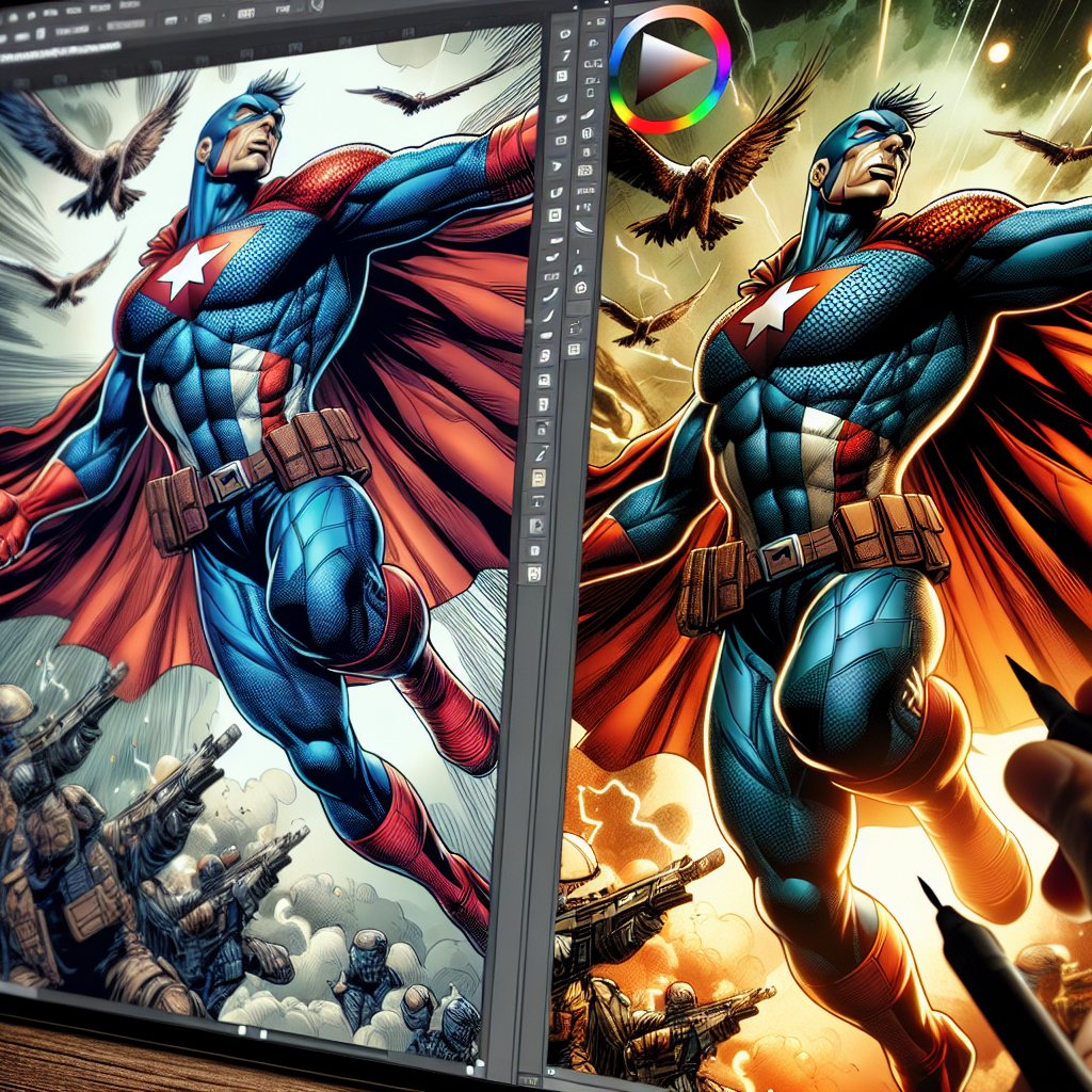 A realistic comic book cover featuring a heroic character in a dynamic pose with a dramatic, vivid background.