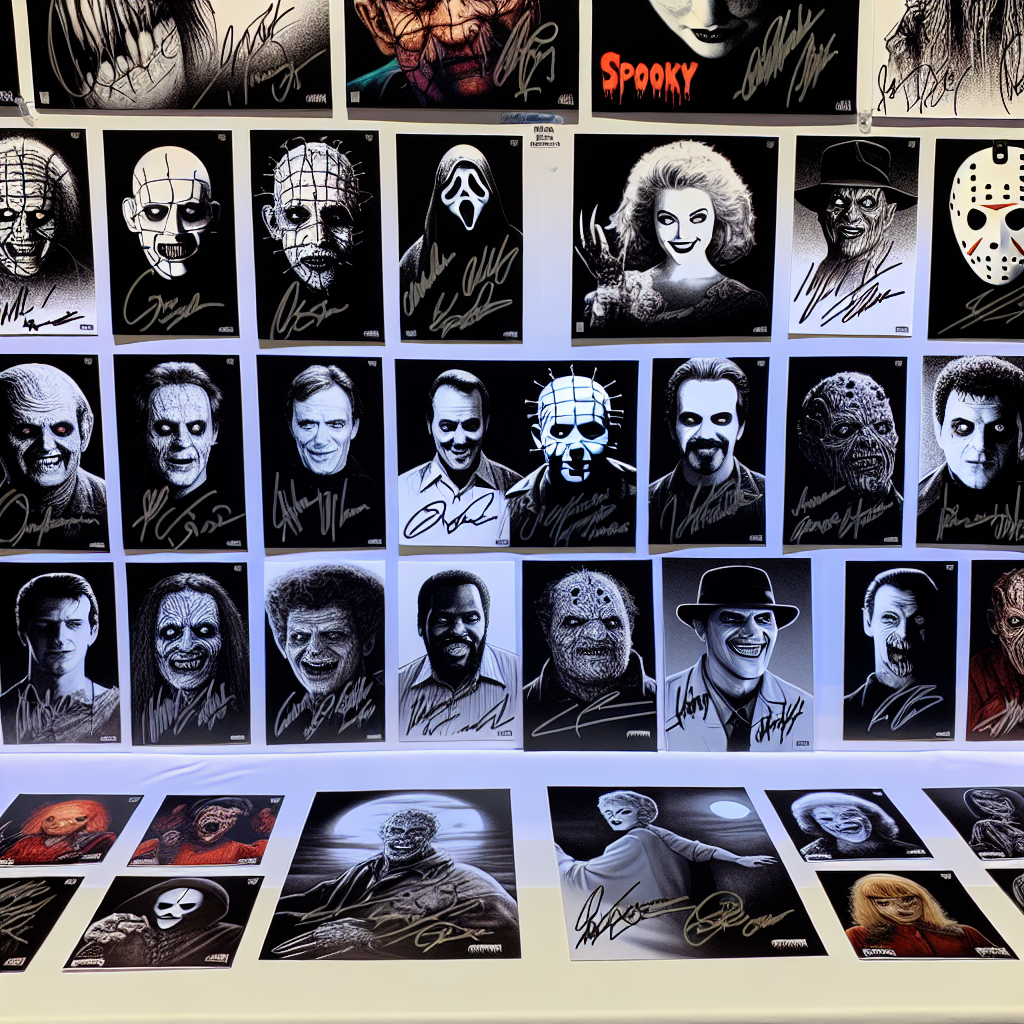 Realistic image of horror movie autographs displayed on a table.