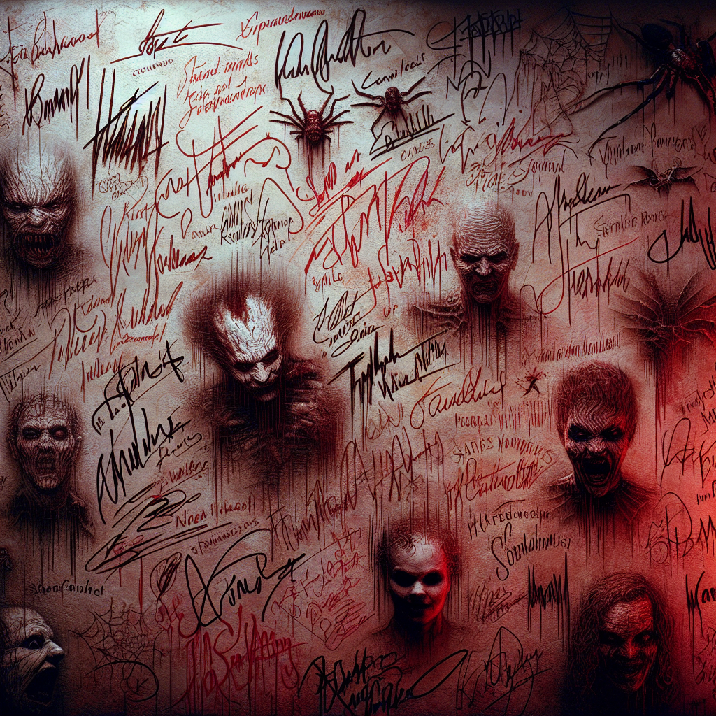 A wall filled with realistic autographs of horror movie icons, with dramatic horror-themed details.