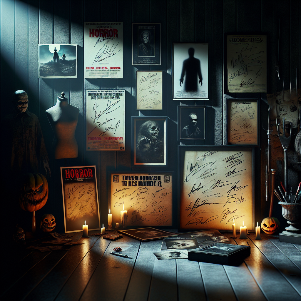 Autographed horror movie memorabilia including signed posters, photographs, and props displayed in a realistic setting.