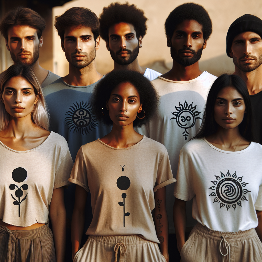 A group of diverse people outdoors wearing stylish t-shirts with faith-inspired designs, showcasing fashion and spirituality.