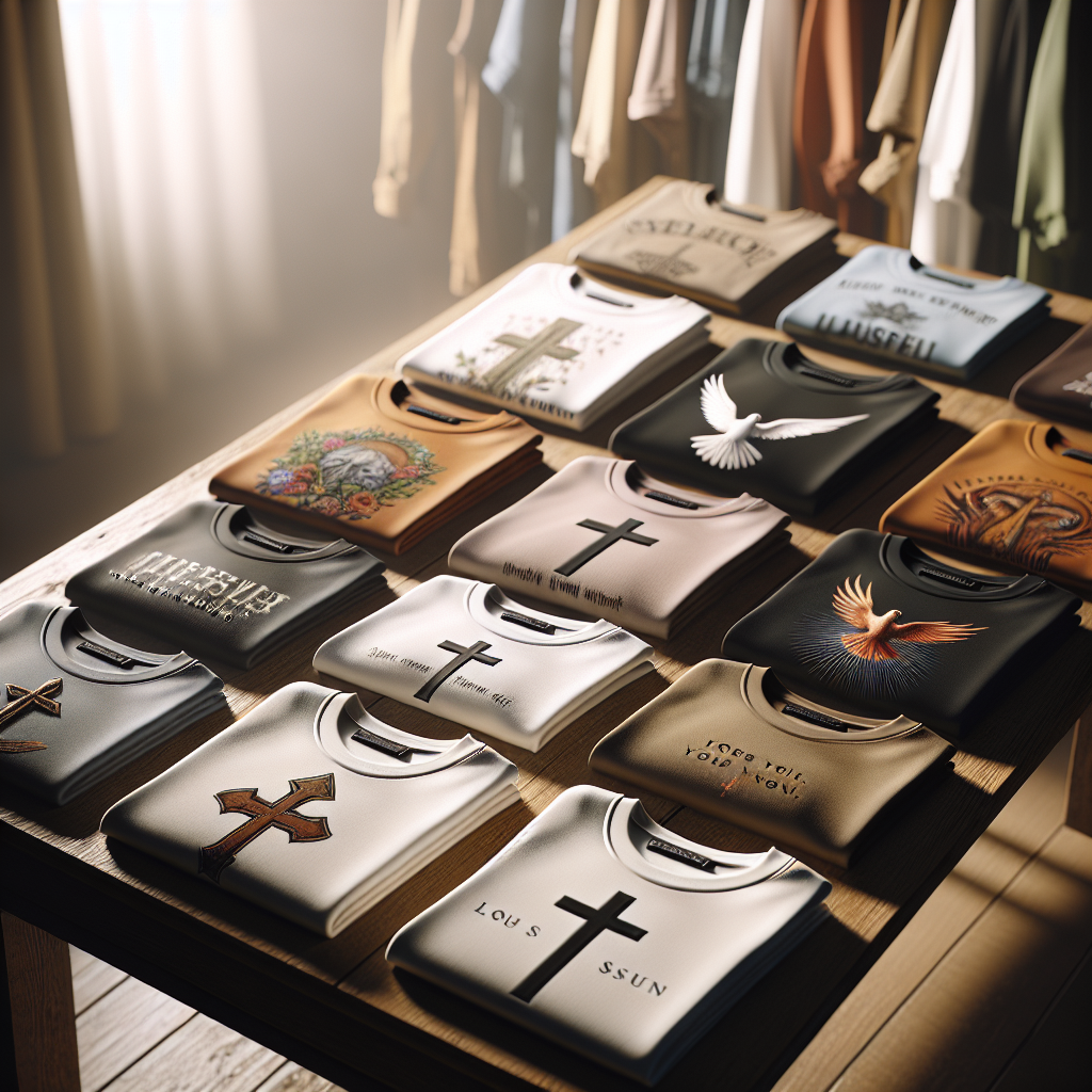 A range of stylish, faith-based t-shirts with spiritual designs displayed on a wooden table under natural lighting.