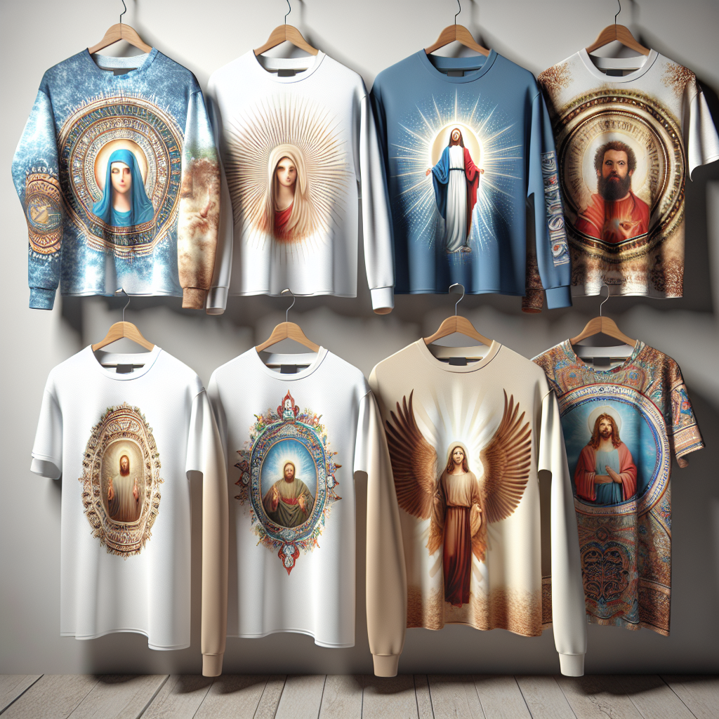 An assortment of faith-based t-shirts with various designs presented on wooden hangers against a white background, highlighting the intersection of fashion and spirituality.