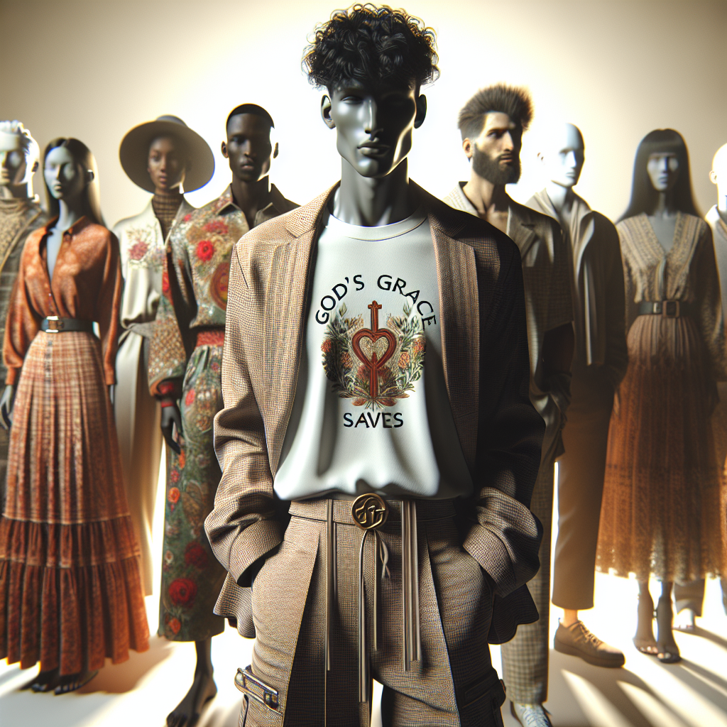 A group of diverse individuals wearing spiritual apparel with subtle religious motifs and messages, focusing on their clothing rather than detailed faces.