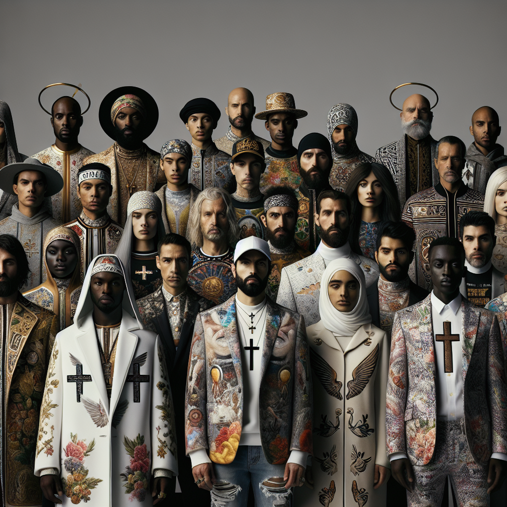 Diverse group of people wearing modern spiritual clothing with subtle faith-inspired designs, emphasizing a sense of community and inclusivity.