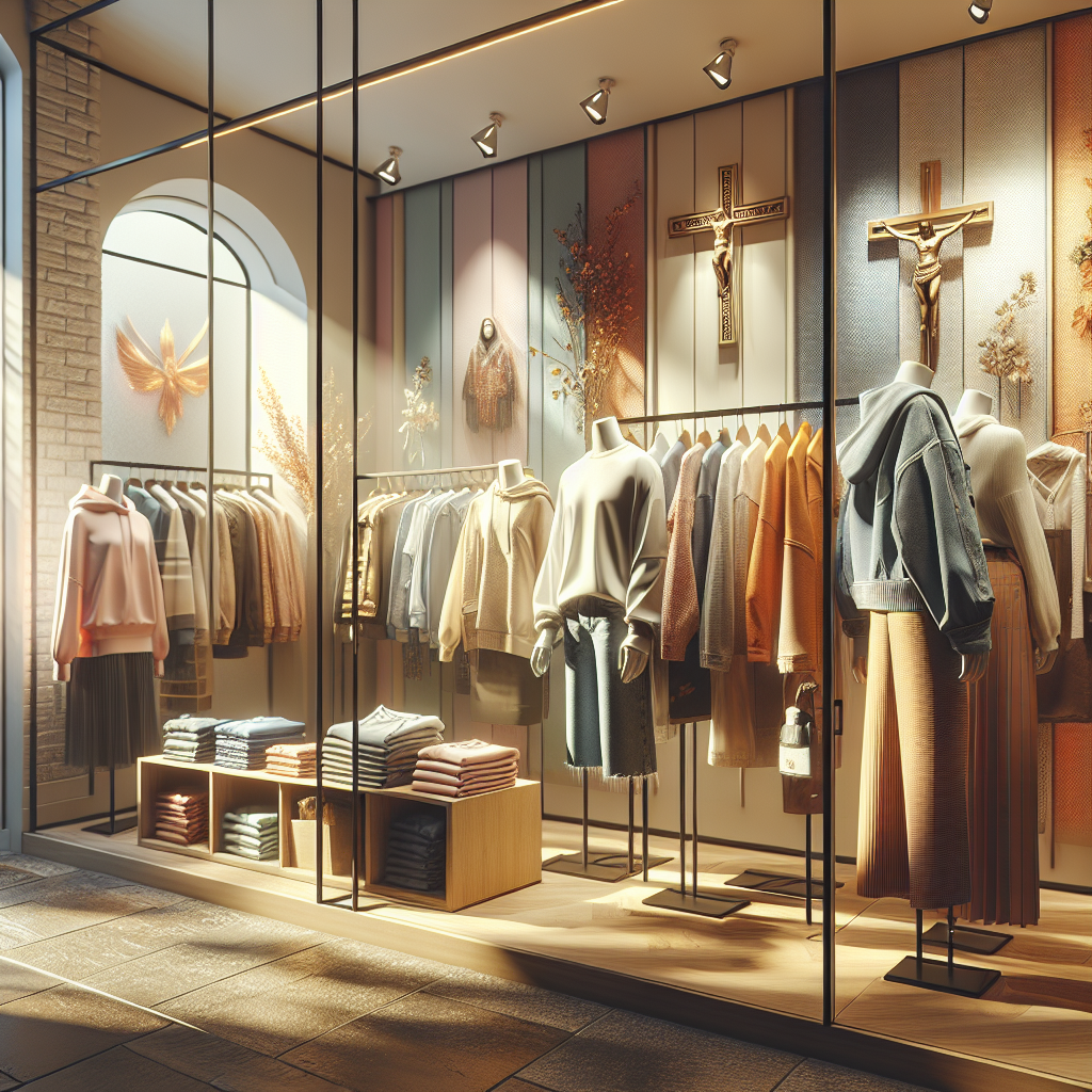 Realistic image of a modern faith apparel store with stylish clothing displayed on mannequins in the storefront, reflecting Christian values.