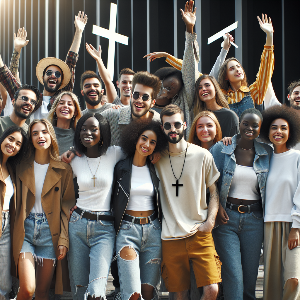 A diverse group of people wearing modern faith-inspired fashion in an urban setting, interacting joyfully.