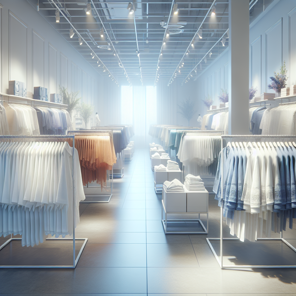 Interior view of a serene boutique faith apparel store with racks of clothing featuring subtle Christian symbols, bathed in warm, inviting light.