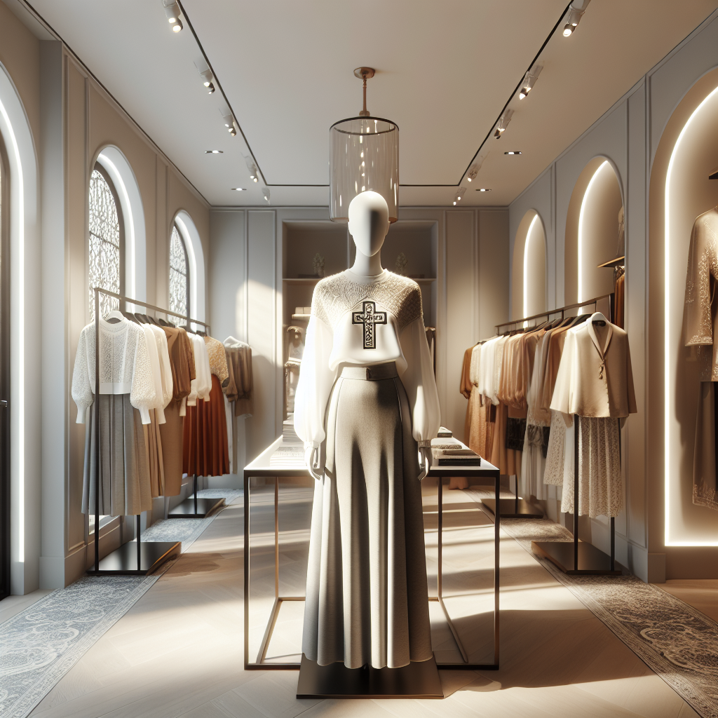 Interior of a boutique showcasing faith-inspired fashion clothing on mannequins, with a serene and stylish atmosphere.