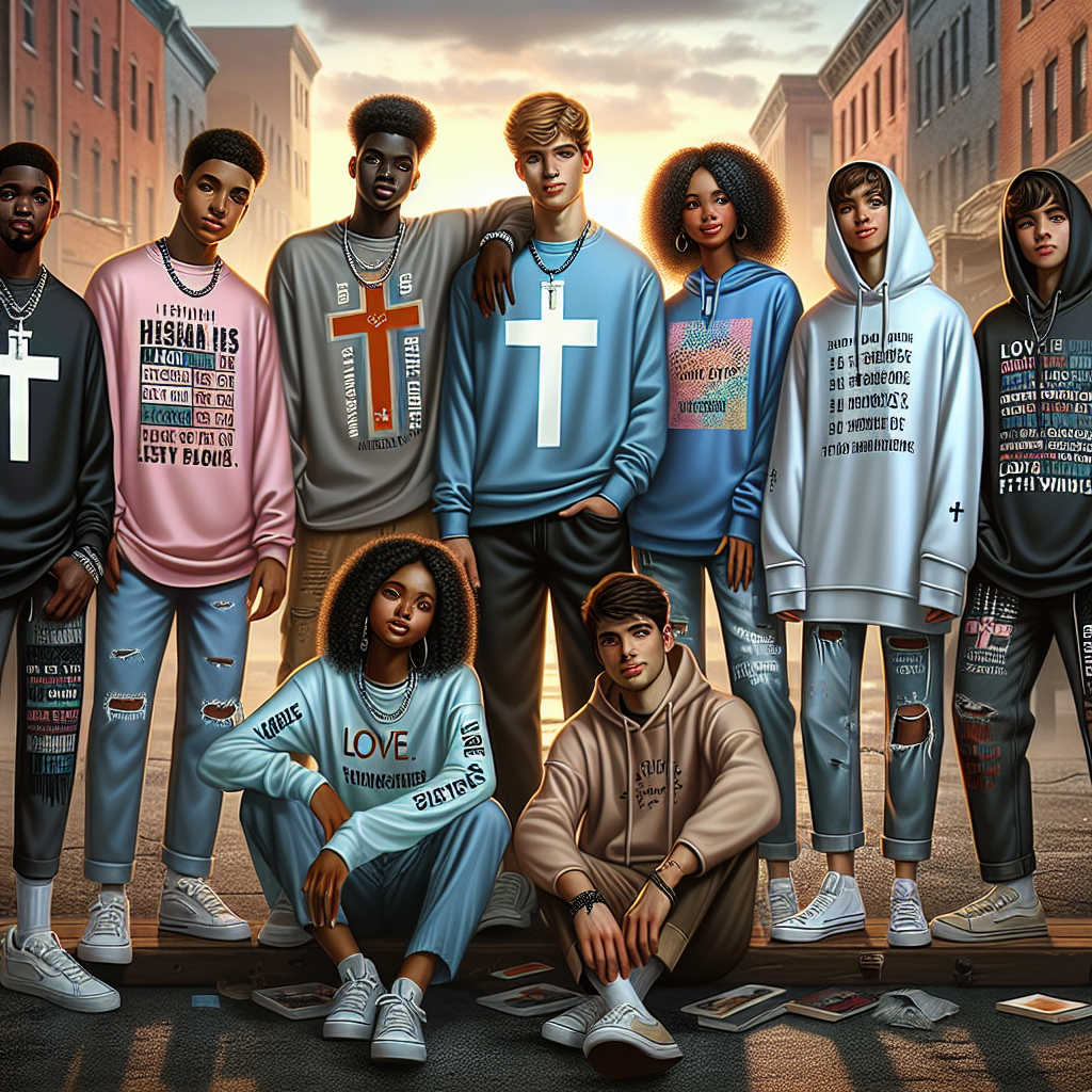 A group of diverse youth wearing trendy faith-inspired graphic tees and hoodies with symbols and inspirational quotes, in a positive urban outdoor setting.