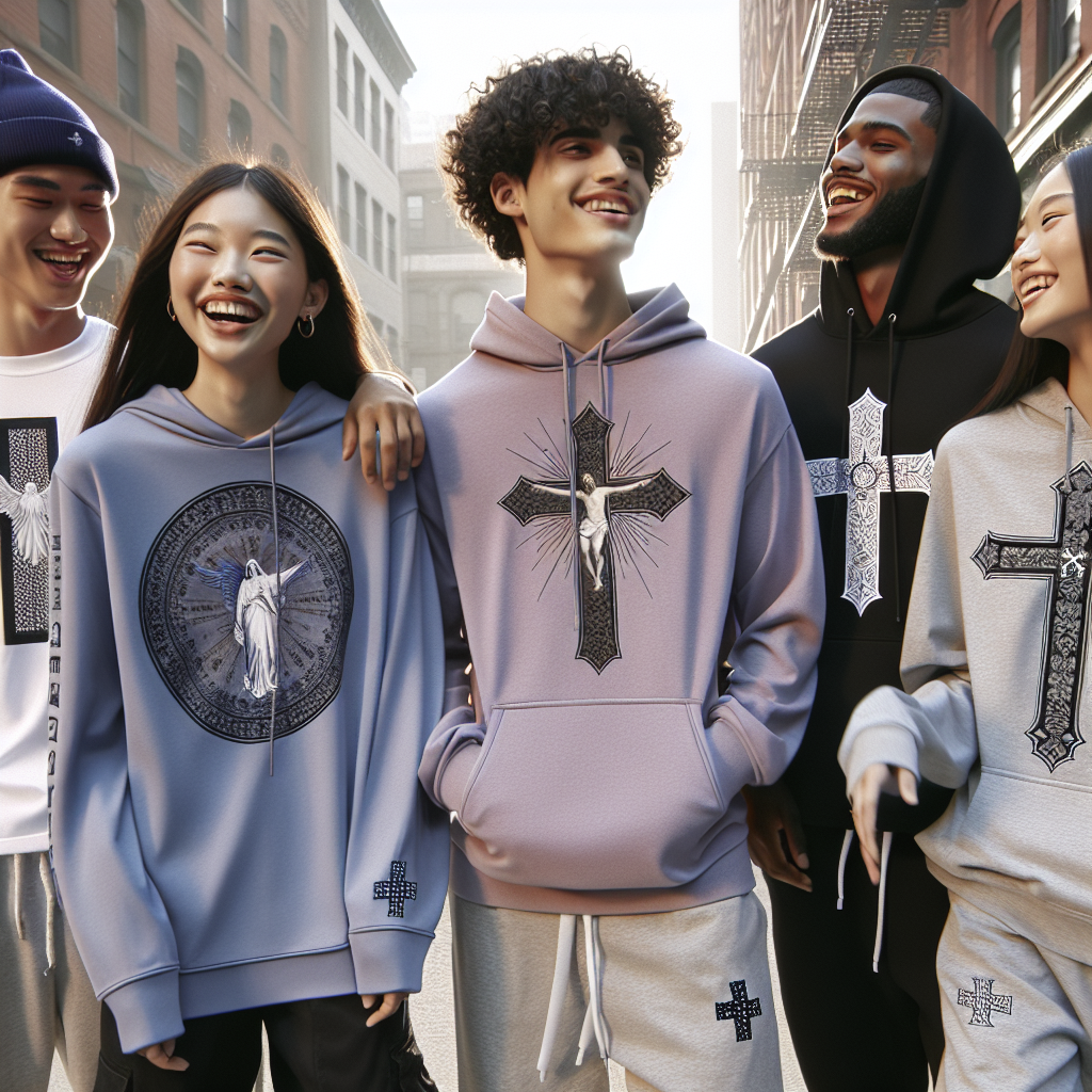 Diverse young people in trendy faith-based streetwear having a good time in an urban setting, with visible textures representing quality materials.