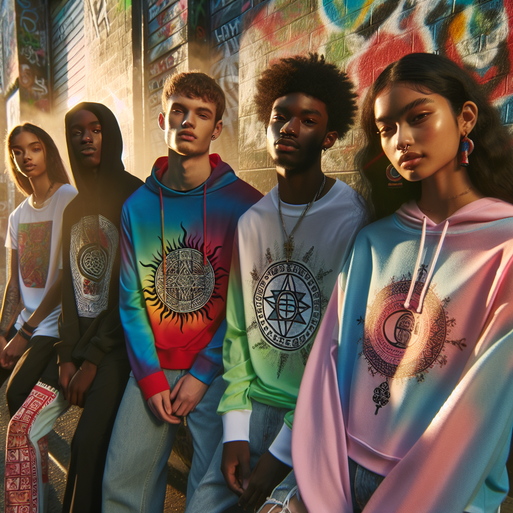 A group of diverse teenagers wearing trendy faith-based apparel in an urban setting, illuminated by warm light, conveying a sense of unity and diversity.
