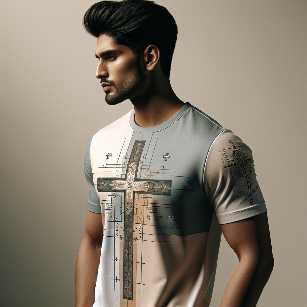 A stylish custom Jesus t-shirt worn by a person standing in profile with a modern cross design, expressing faith through contemporary fashion.