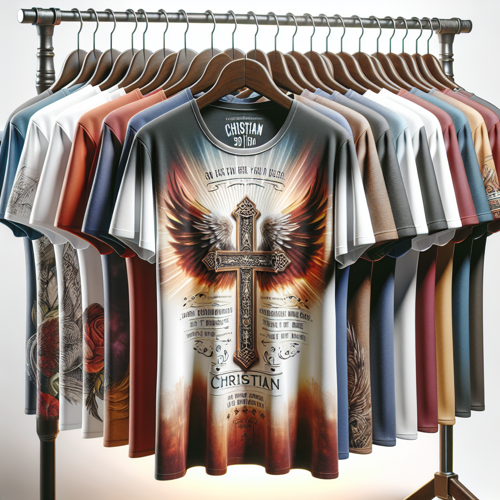 Custom Jesus t-shirts with contemporary Christian designs on hangers against a white background.