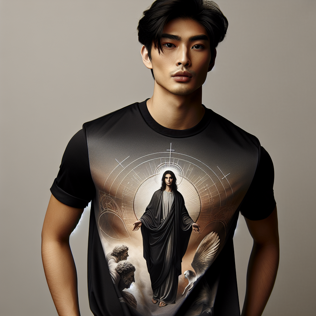 A modern young adult wearing a custom, stylish Jesus T-shirt with spiritual motifs, posing confidently.