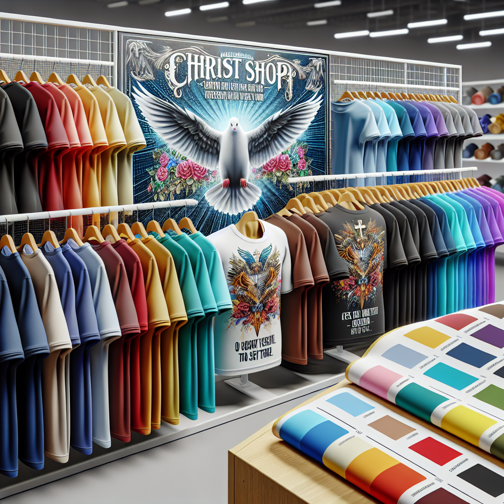 A rack of custom Jesus t-shirts with modern designs and Christian symbols, arranged by color gradient in a bright, realistic setting.