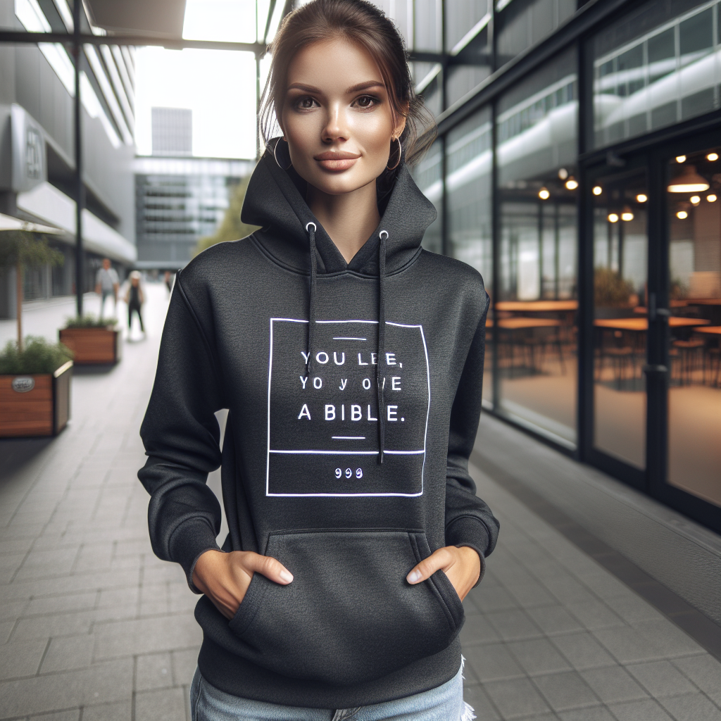 A person in a modern urban setting wearing a trendy dark gray hoodie with a Bible verse in white lettering.
