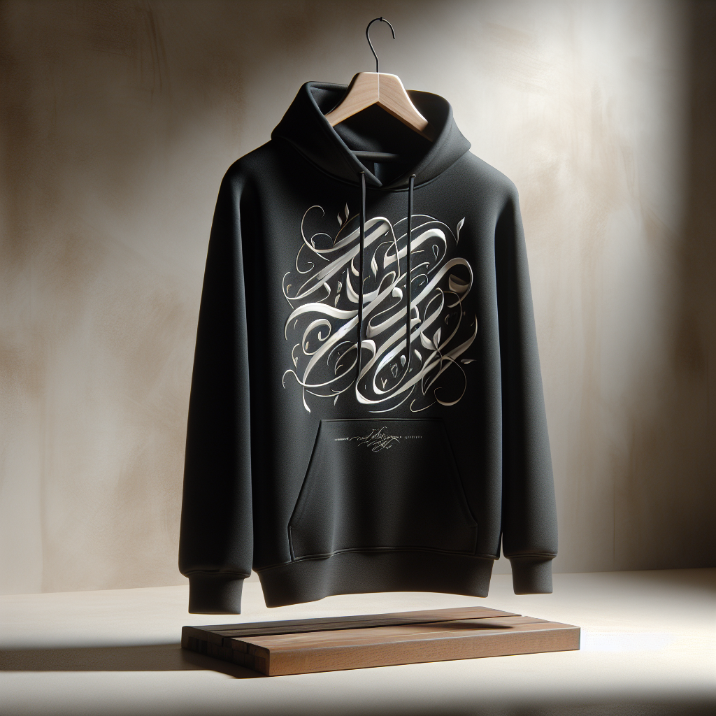 A stylish black hoodie with an elegantly scripted Bible verse on the chest, displayed in a modern minimalist fashion store setting.