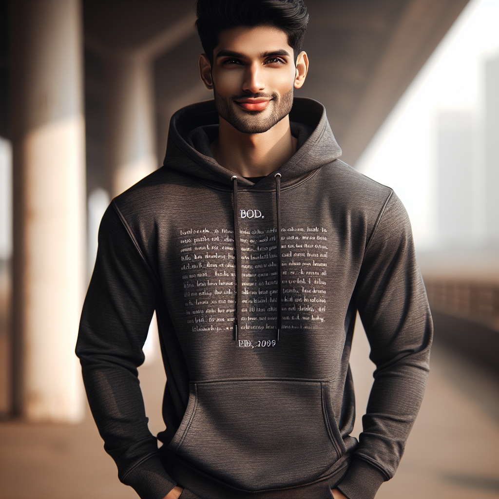 A trendy person wearing a dark-colored bible verse hoodie, standing casually with a subtle smile in natural lighting, conveying modern fashion with a touch of spirituality.