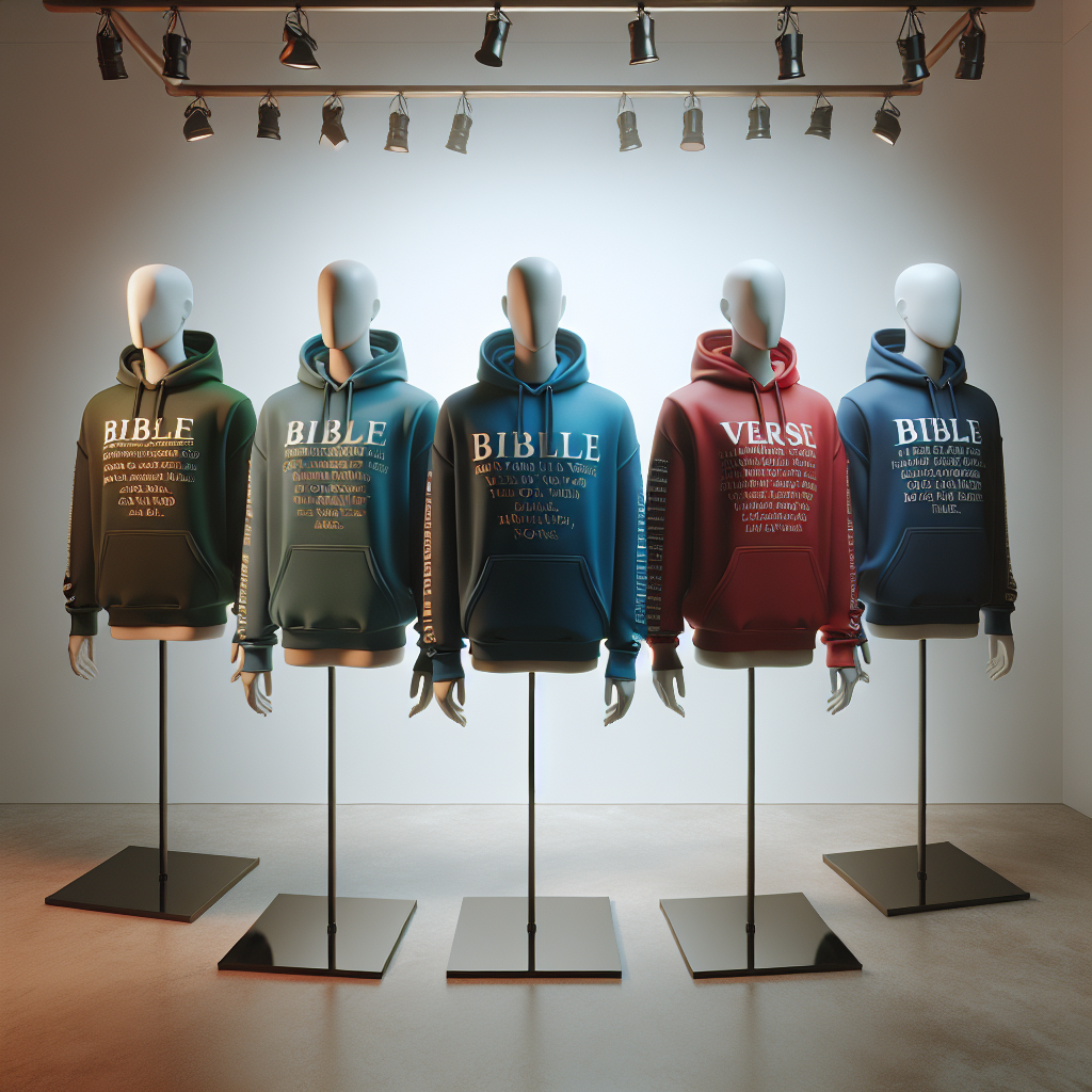 Mannequins displaying a variety of colorful bible verse hoodies in a realistic store setting, with soft lighting and a focus on the intersection of fashion and faith.