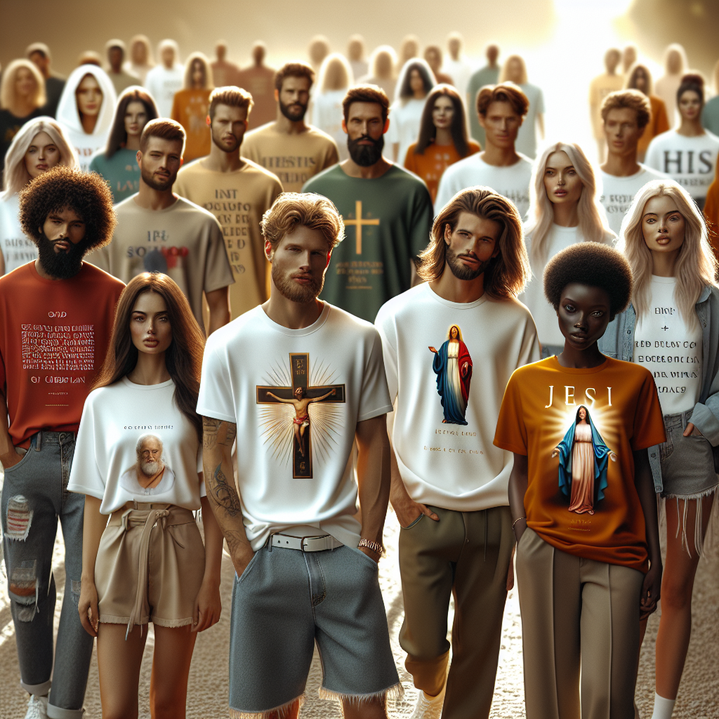 A diverse group of people wearing fashionable religious shirts with various Christian symbols and inspirational scriptures, in a park setting, embodying comfort and style.