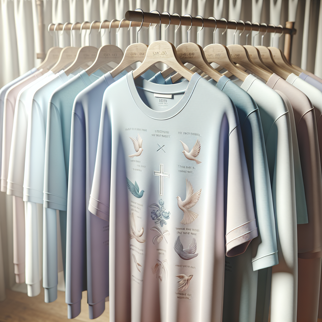 An assortment of stylish religious shirts with subtle symbols and inspirational quotes, displayed in a boutique.