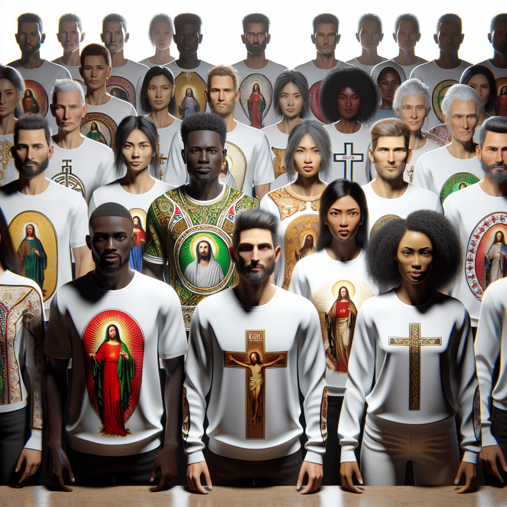 A group of modern, stylish people wearing religious-themed shirts with subtle symbols and phrases.