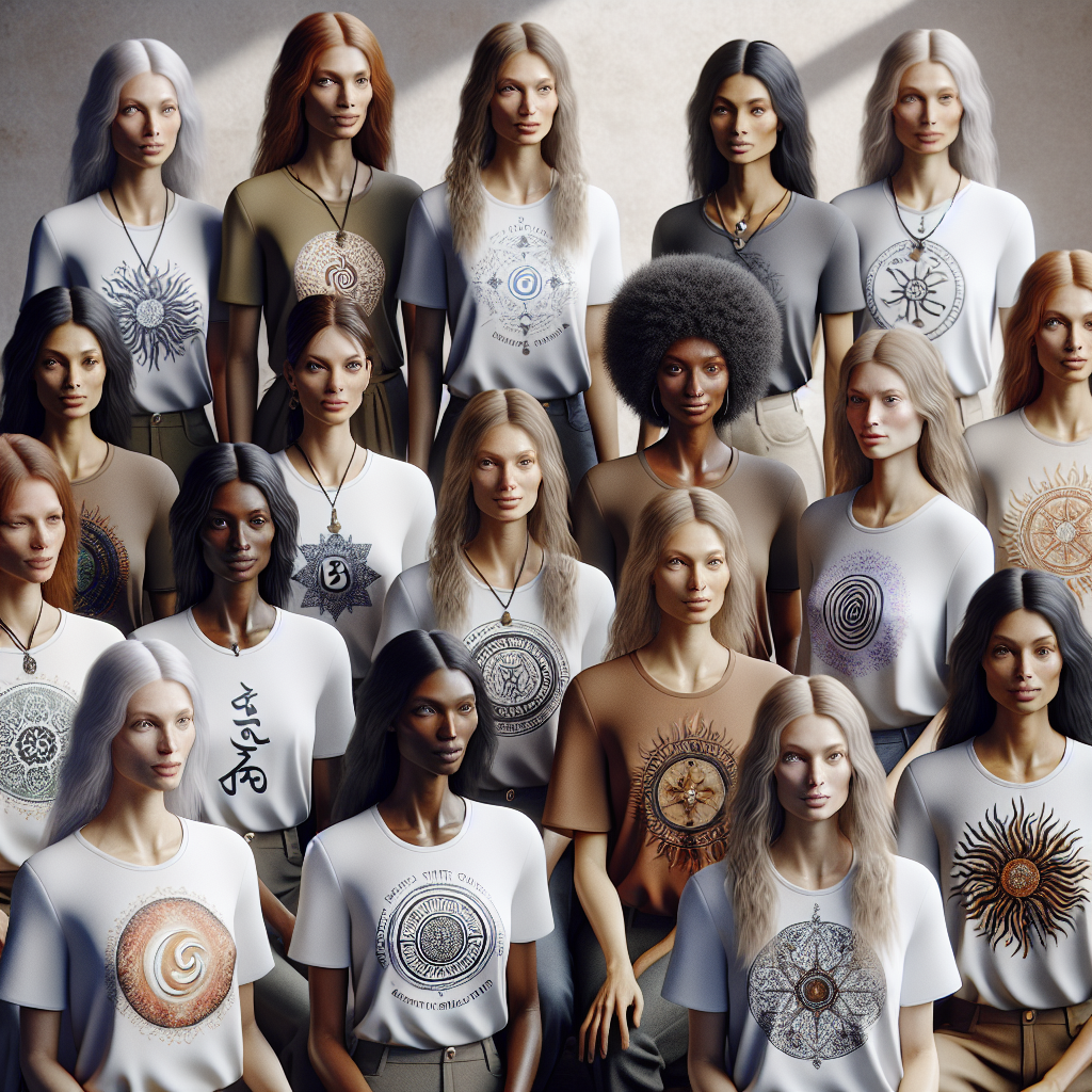 A group of modern women of different body types confidently wearing stylish, spiritual t-shirts with integrated symbols and quotes, under natural lighting.
