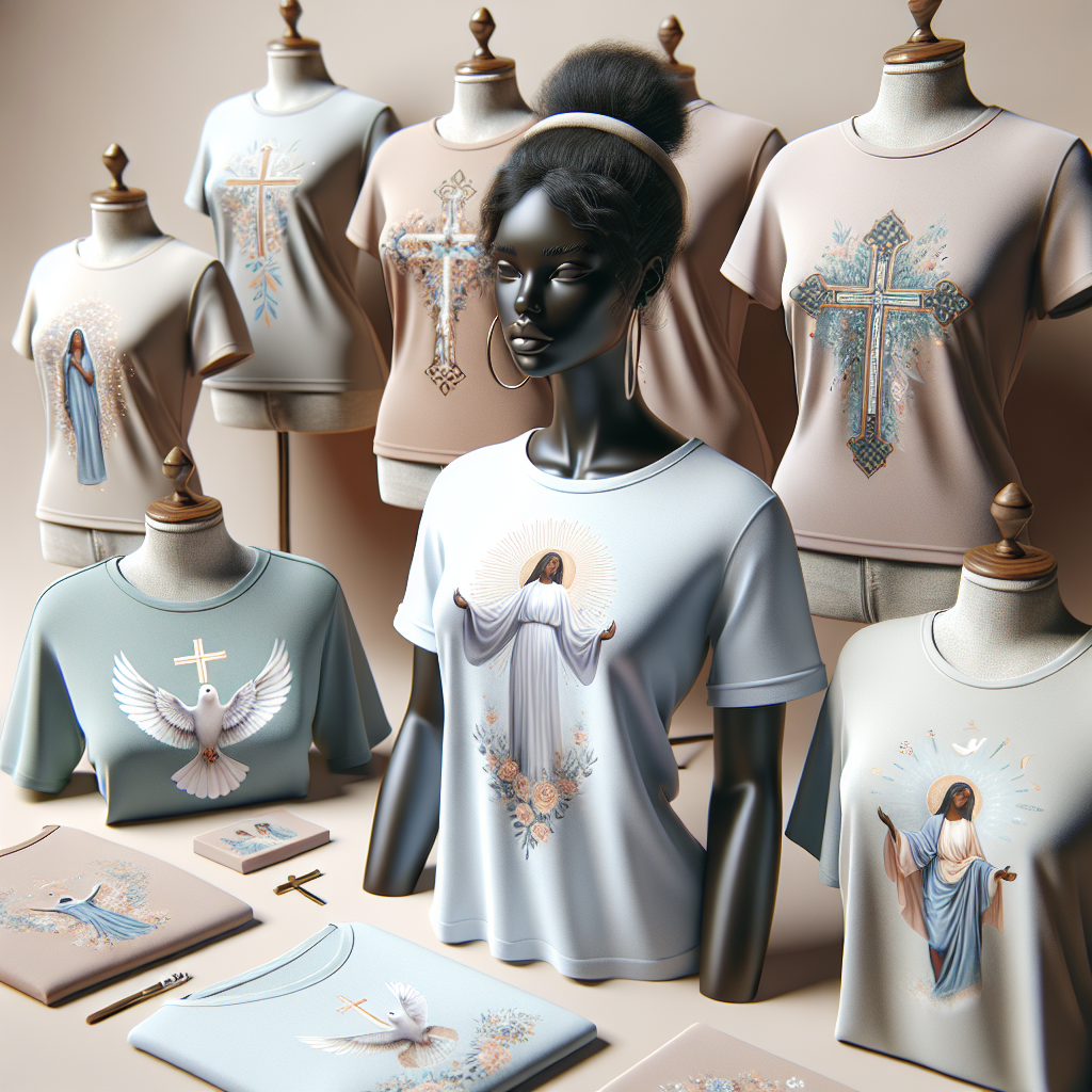 A collection of women's faith tees in various colors and designs displayed with a model wearing one, symbolizing stylish spirituality.