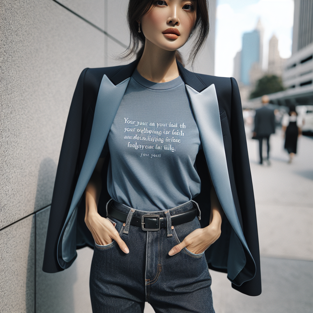 Fashionable modern woman in light-blue faith T-shirt, dark blue jeans and black blazer, outdoors in daylight.