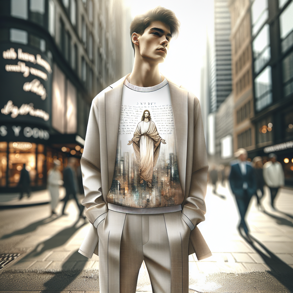A trendy model in casual contemporary clothing with a Bible verse on the apparel, standing in a modern urban setting.