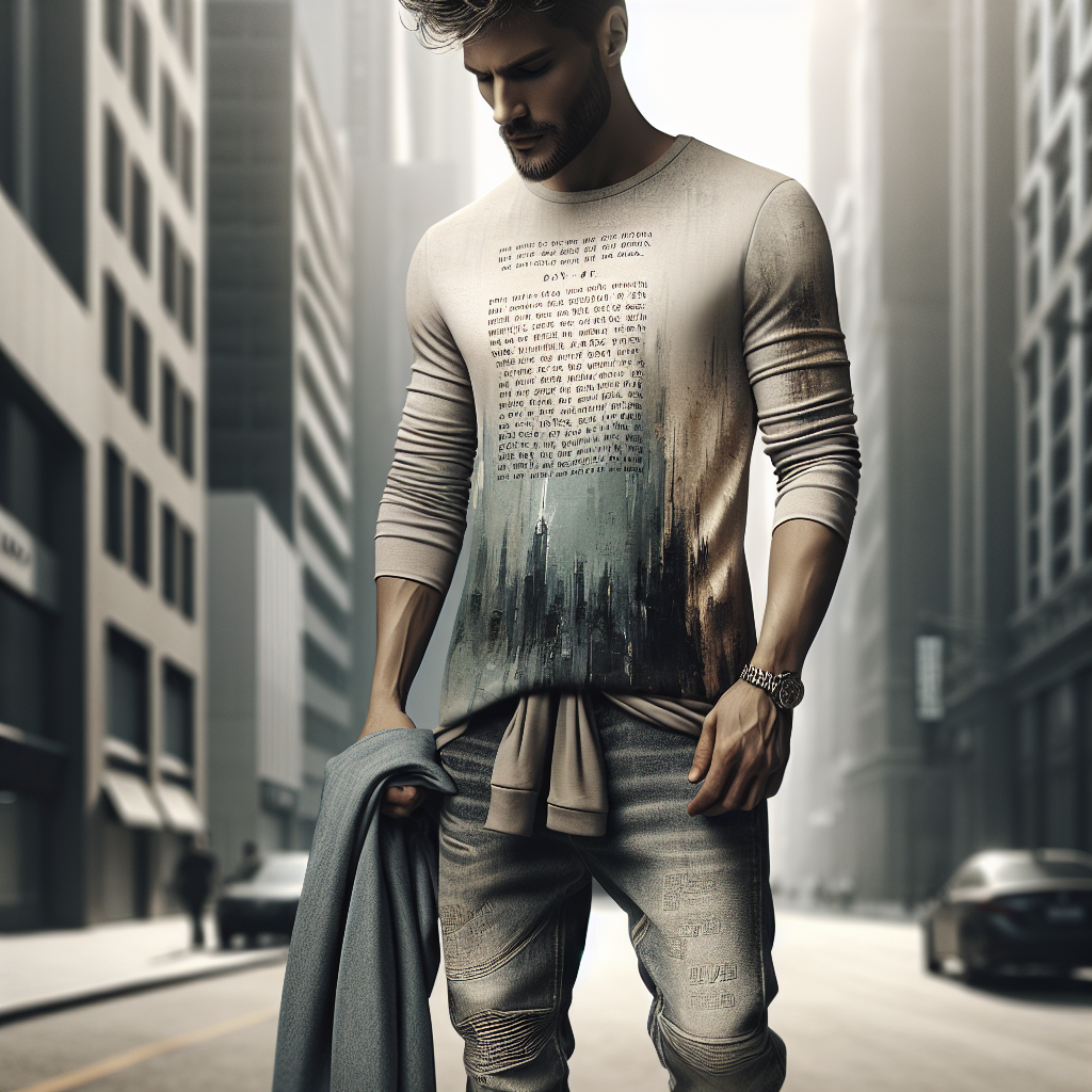 Fashion-forward person in trendy bible verse apparel in an urban setting with subtle scripture incorporated in the design.