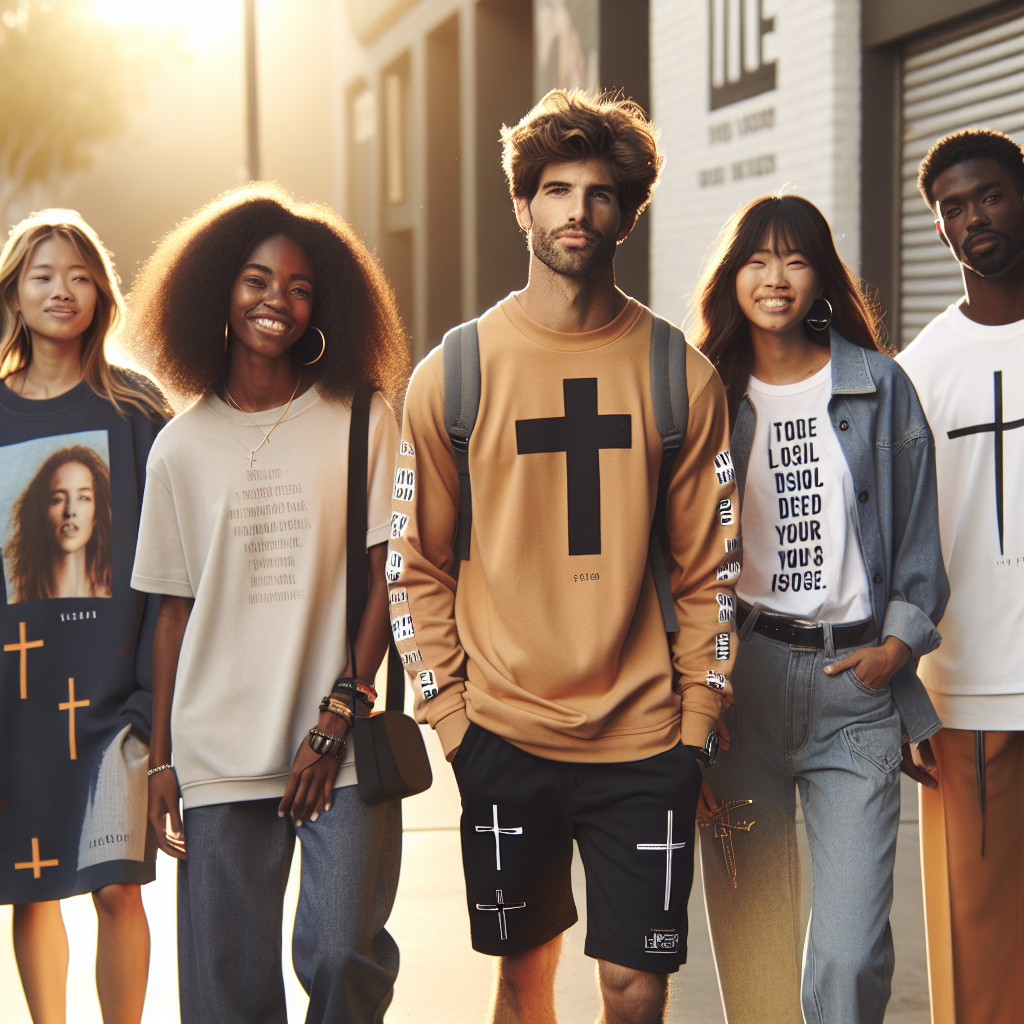A diverse group of adults wearing modern Christian-themed clothing in a sunny urban environment, interacting positively with each other.
