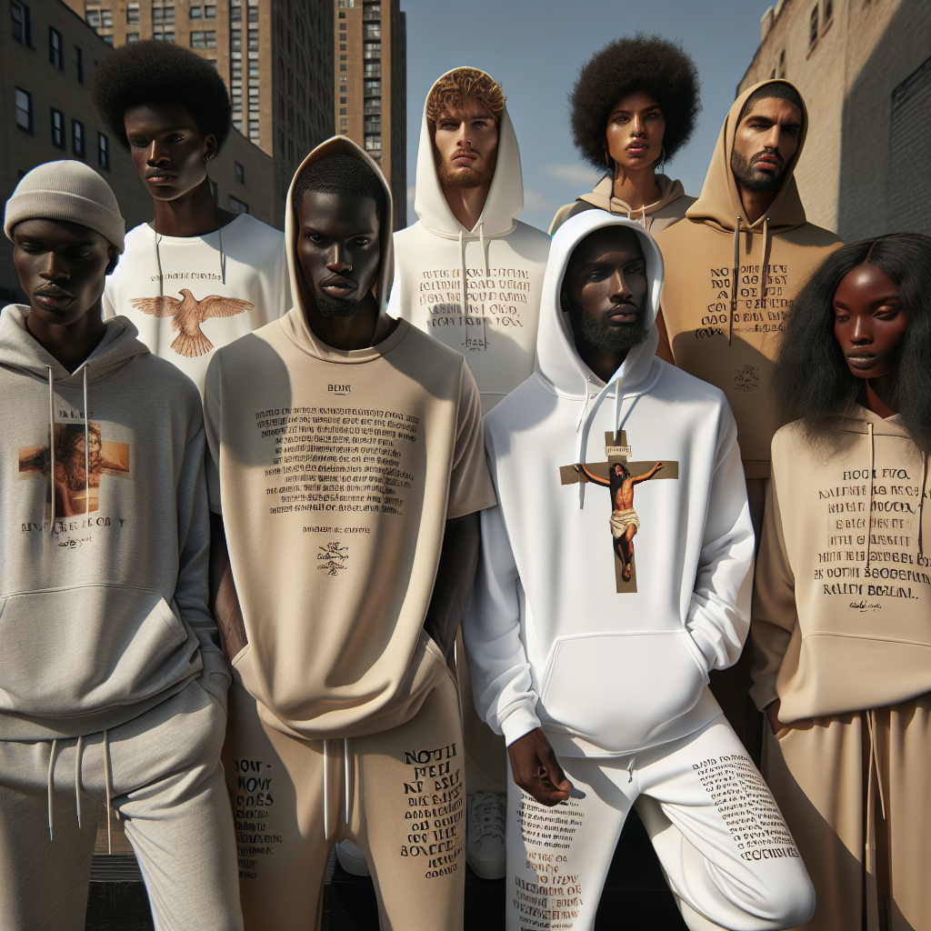 A group of adults in stylish Christian clothing with inspirational scriptures and symbols, exuding confidence and a shared sense of faith in a sunny urban setting.