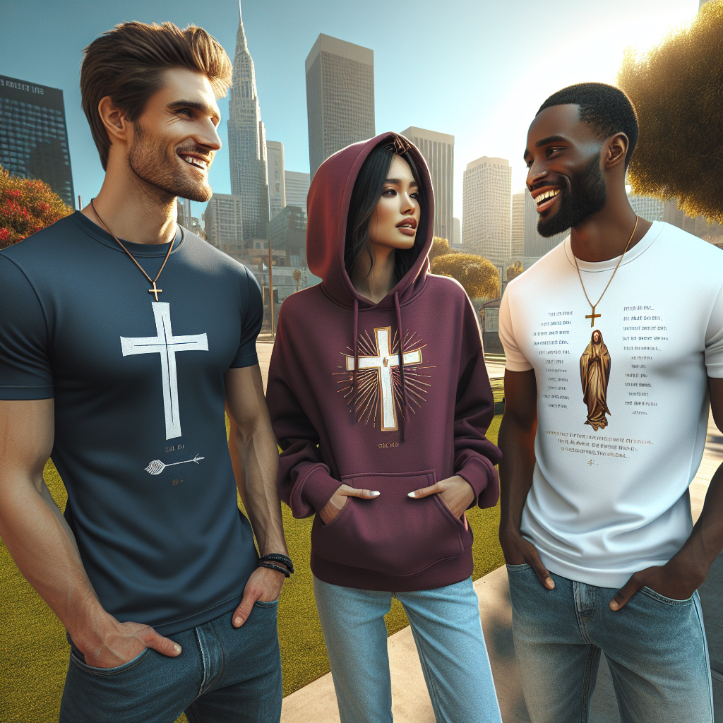 Group of adults wearing fashionable Christian-themed clothing in an urban park setting, interacting positively under natural sunlight.