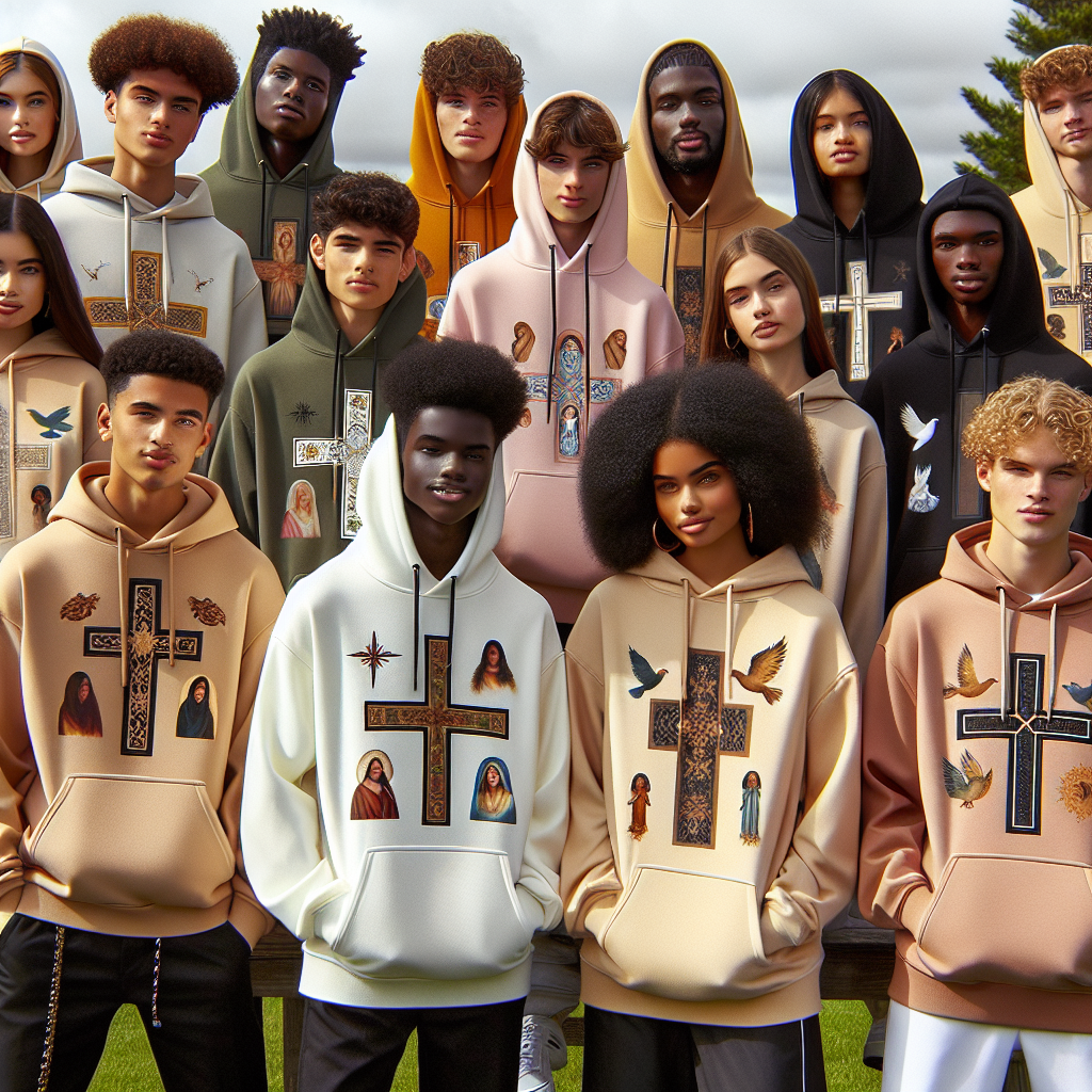 Teenagers wearing a variety of stylish Christian hoodies with contemporary designs and Christian symbols, looking confident and positive in a community setting.