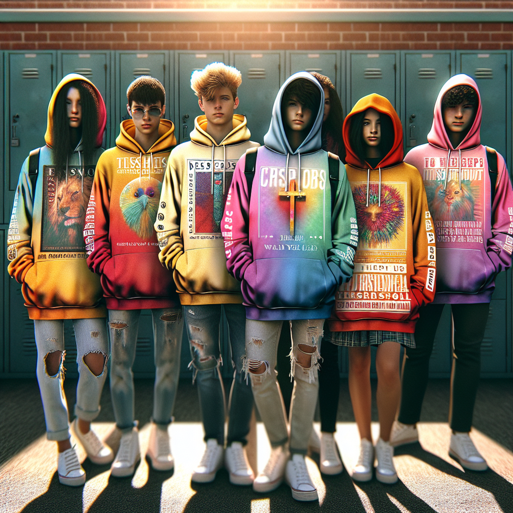 Group of teenagers in vibrant Christian hoodies with bold graphics, standing confidently in a school setting.