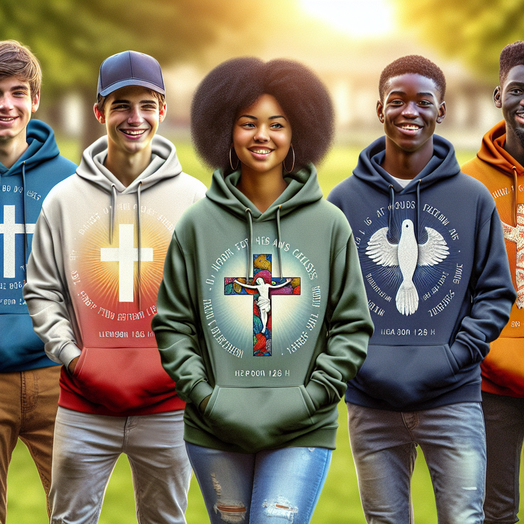 Diverse teenagers wearing colorful Christian hoodies with symbolic Christian imagery, bonding in a park setting.