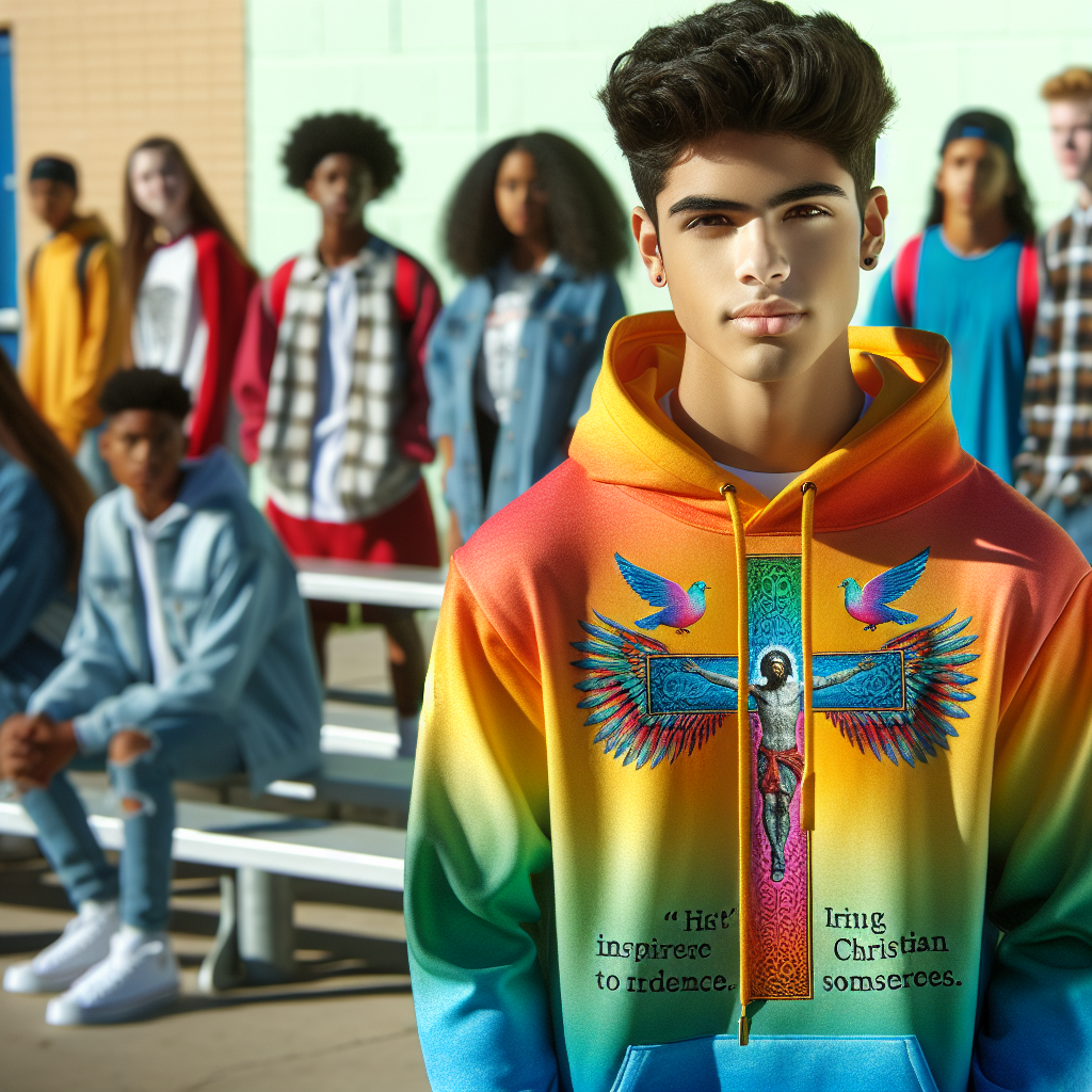 Teenager wearing a vibrant Christian hoodie with graphical designs and inspiring messages, standing in a daily life setting with peers in the background.