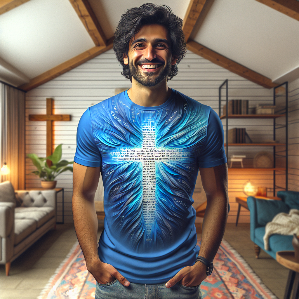 A person joyfully wearing a Scripture T-Shirt in a cozy room with warm lighting and Christian decor.