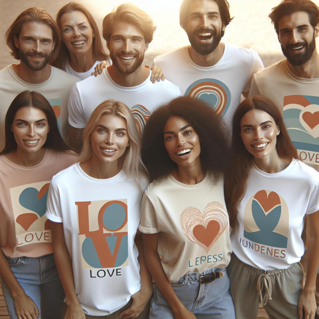 A diverse group of people wearing Scripture T-Shirts with subtle designs, depicted in a warm and inviting outdoor setting.